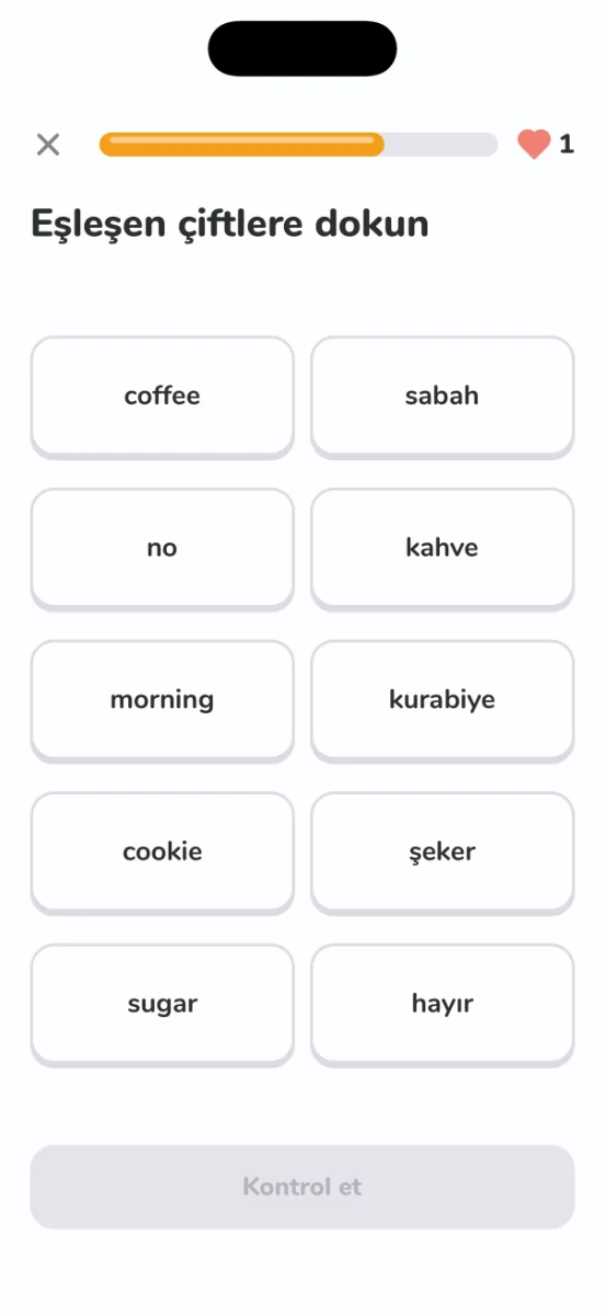 Kelime kartları ekranı
